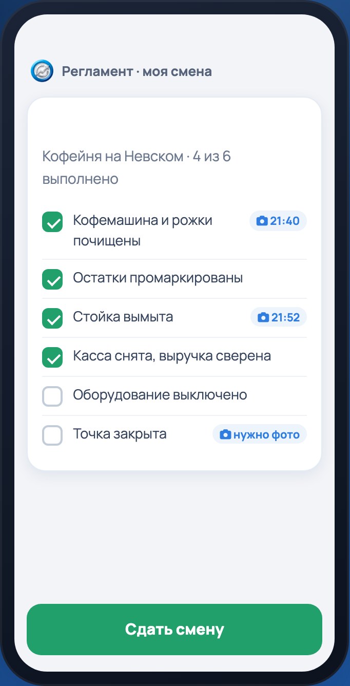 Закрытие смены у сотрудника: отмеченные пункты, время фото и пункт, который без снимка не отметить