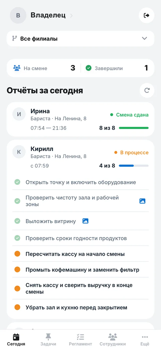 Кабинет владельца: кто на смене и что отмечено